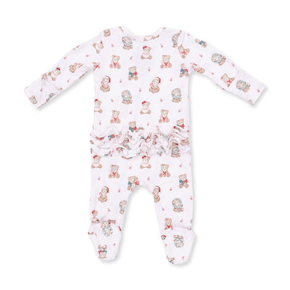 Christmas Teddy Bears Pink - 2 Way Ruffle Back Zipper Footie