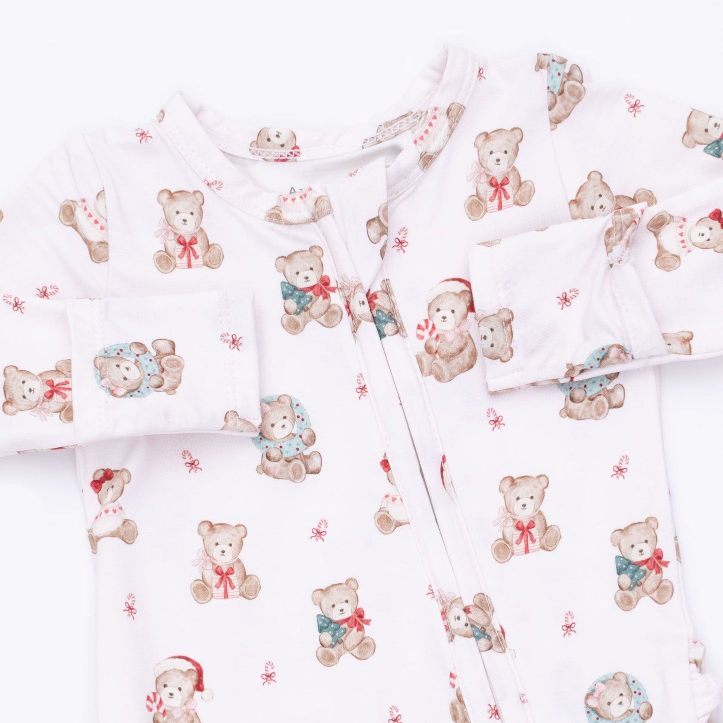 Christmas Teddy Bears Pink - 2 Way Ruffle Back Zipper Footie