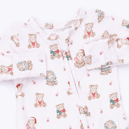 Christmas Teddy Bears Pink - 2 Way Ruffle Back Zipper Footie