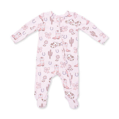 Cowgirl Boots and Bows - 2 Way Ruffle Back Zipper Footie