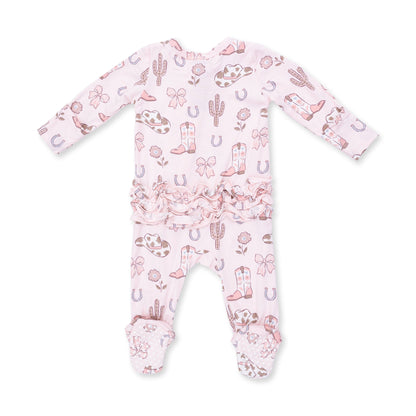 Cowgirl Boots and Bows - 2 Way Ruffle Back Zipper Footie