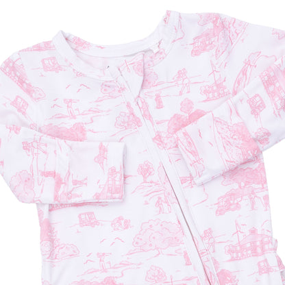 Golf Toile Pink - 2 Way Ruffle Back Zipper Footie