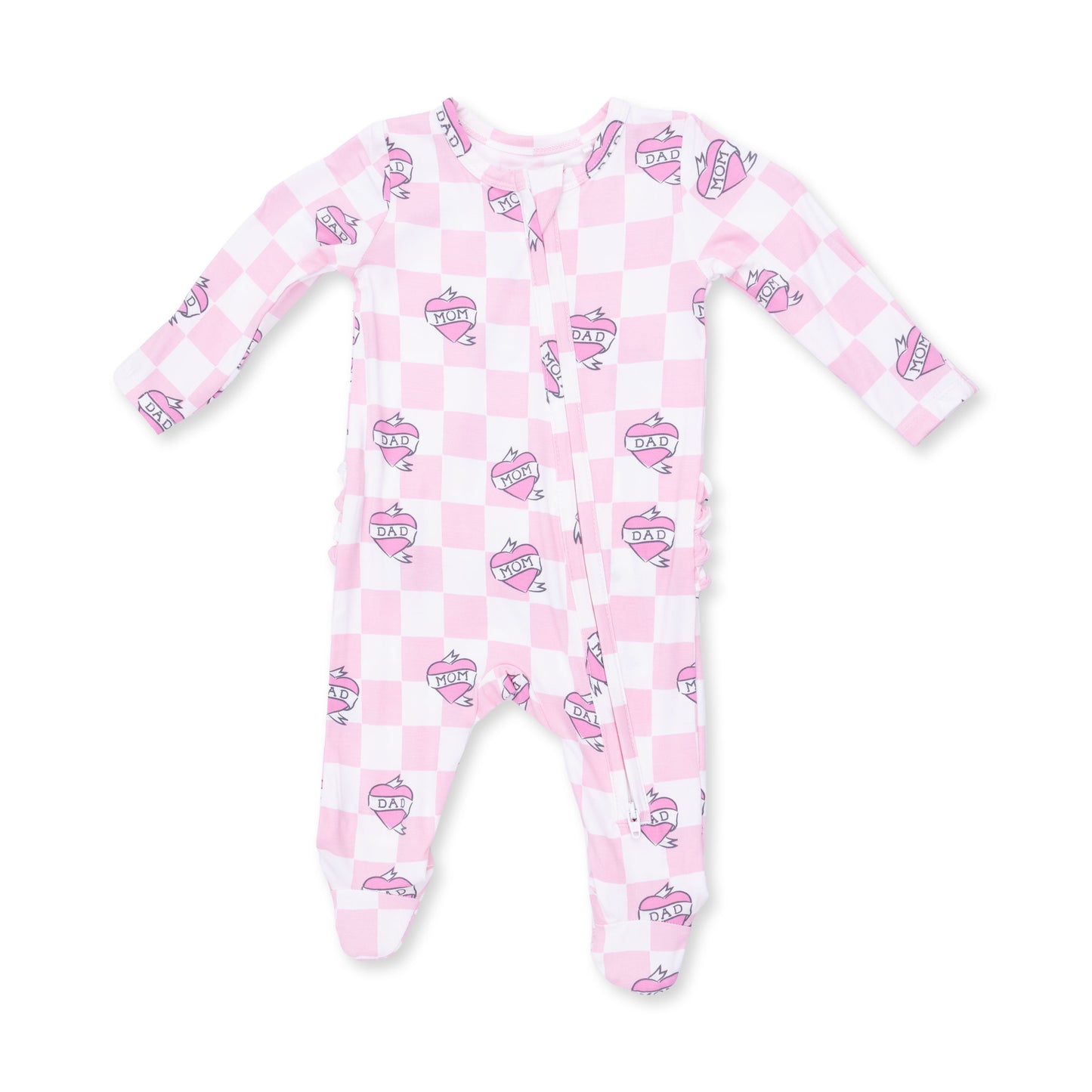 Heart Tattoo Check Pink - 2 Way Ruffle Back Zipper Footie