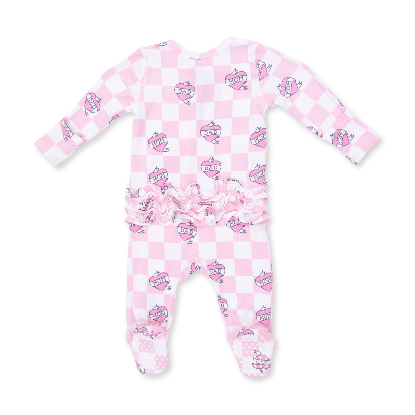 Heart Tattoo Check Pink - 2 Way Ruffle Back Zipper Footie