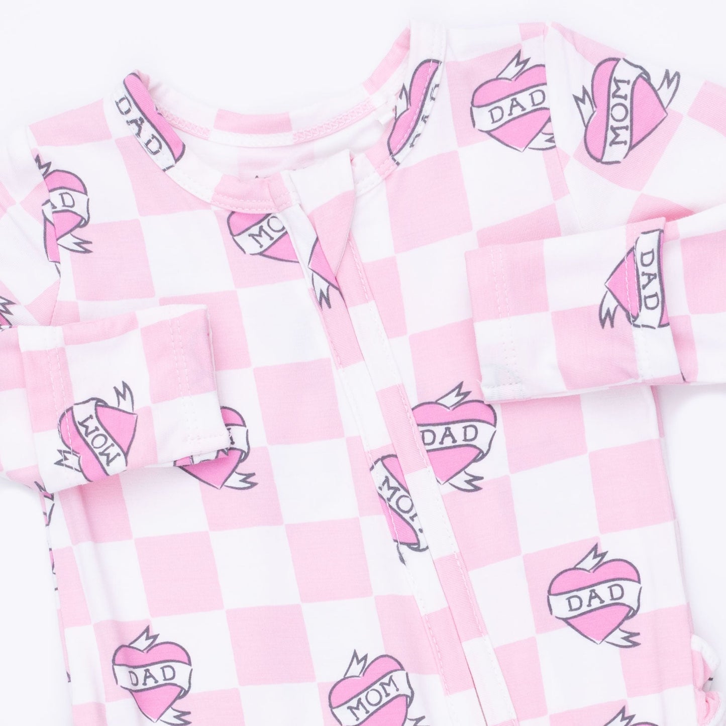 Heart Tattoo Check Pink - 2 Way Ruffle Back Zipper Footie
