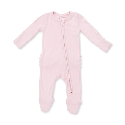 Solid Veiled Pink Rib - 2 Way Ruffle Back Zipper Footie
