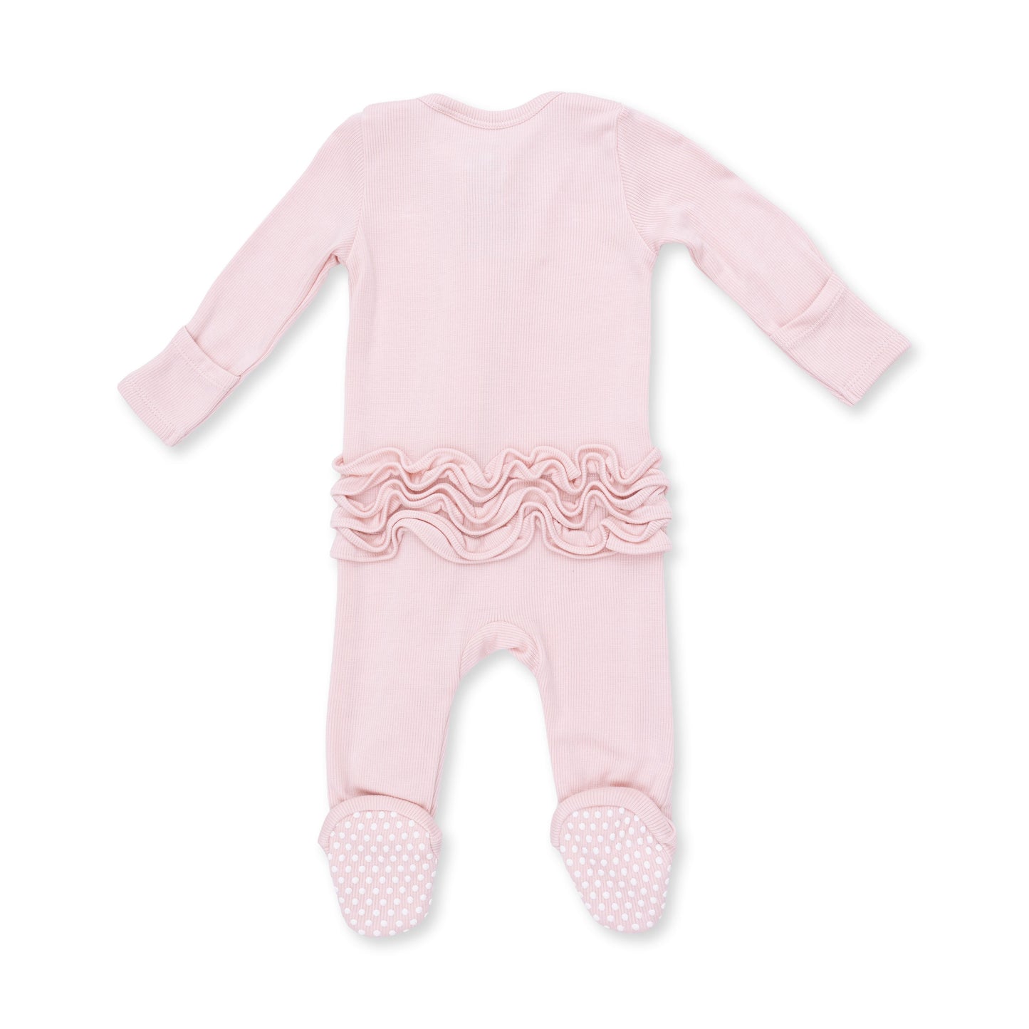 Solid Veiled Pink Rib - 2 Way Ruffle Back Zipper Footie