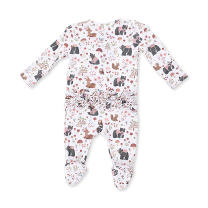 Southern Woodland Animals Pink - 2 Way Ruffle Back Zipper Footie
