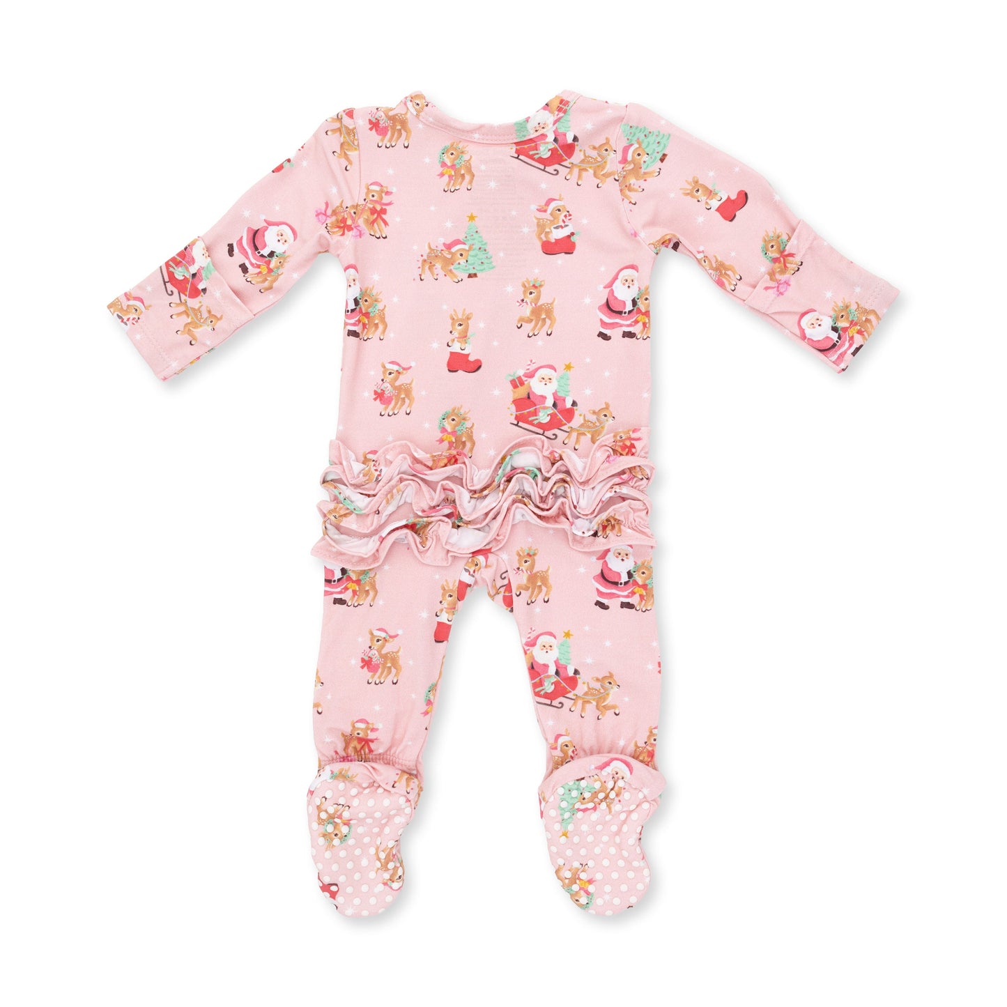 Vintage Reindeer & Santa Pink - 2 Way Ruffle Back Zipper Footie