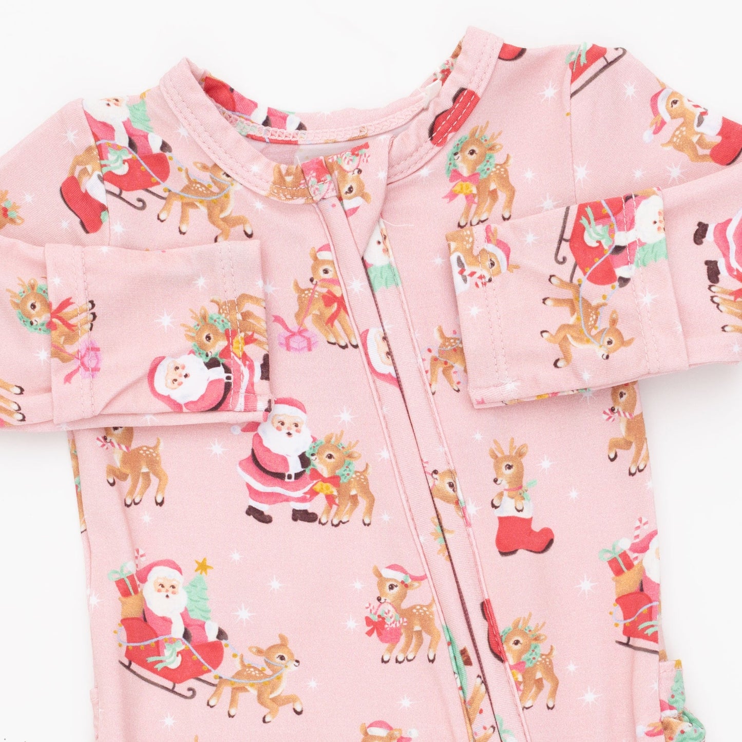 Vintage Reindeer & Santa Pink - 2 Way Ruffle Back Zipper Footie
