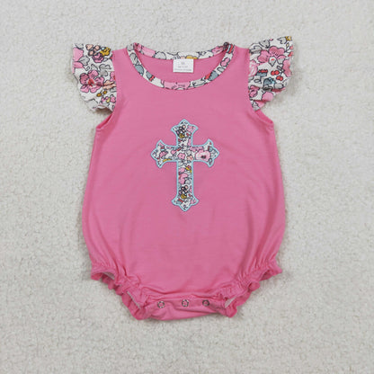 Sibling Baby Girls Embroidery Floral Cross Ruffle Shorts Easter Clothes Set Ruffle Rompers