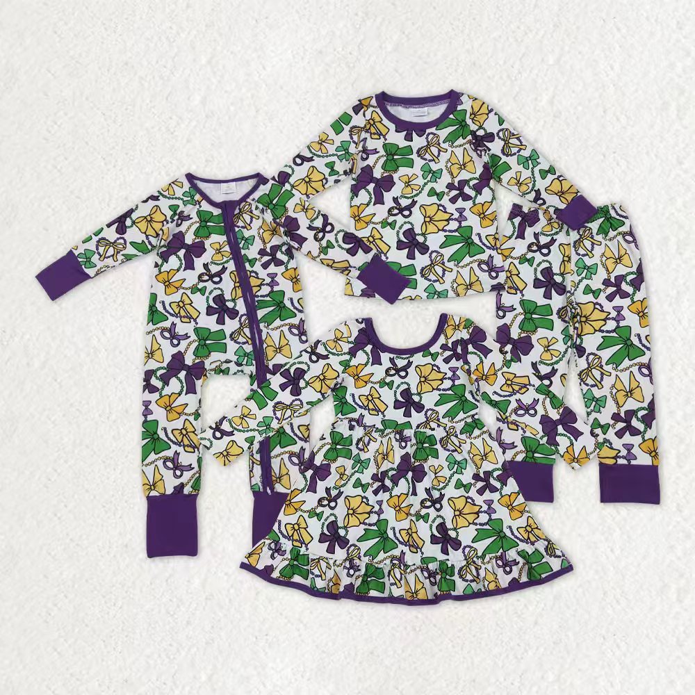 Sibling Baby Girls Mardigras Bows Plaid Pants Pajamas Sets Ruffle Knee Length Dress Zipper Romper