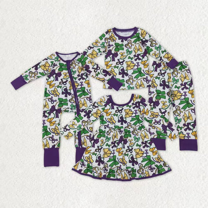 Sibling Baby Girls Mardigras Bows Plaid Pants Pajamas Sets Ruffle Knee Length Dress Zipper Romper