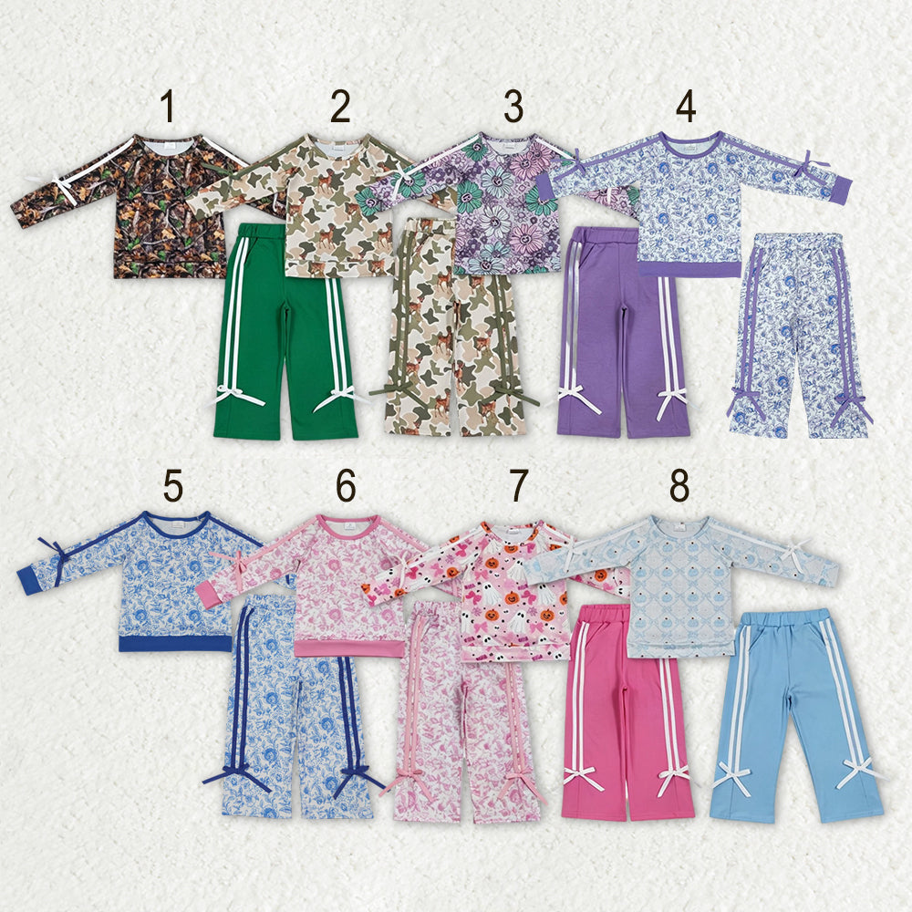 Sibling Baby Girls Long Leaves Ghost Pumpkins Deer Top Pockets Bows Pant Sets