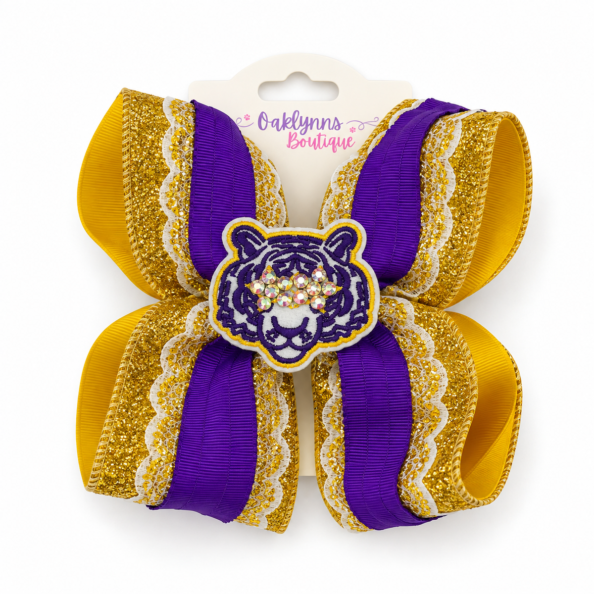 Tiger Face purple & Gold hair bow