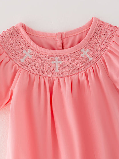 CORAL Smocked Church Christ Bishop Christening Girls Romper
