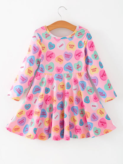 Toddler Girls Valentine Dress – Colorful Candy Heart Print Outfit
