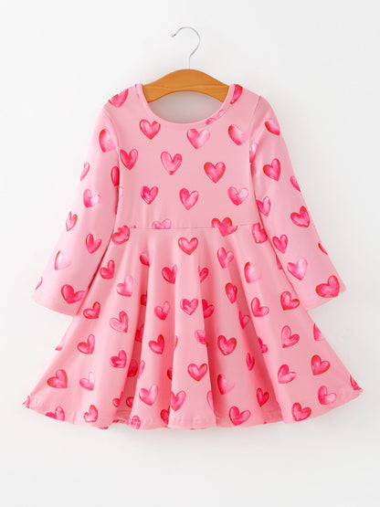 Girls Valentine Party Dress – Pink Heart Print Long Sleeve