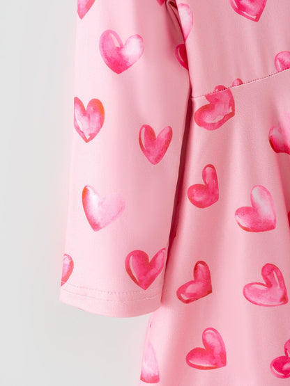 Girls Valentine Party Dress – Pink Heart Print Long Sleeve