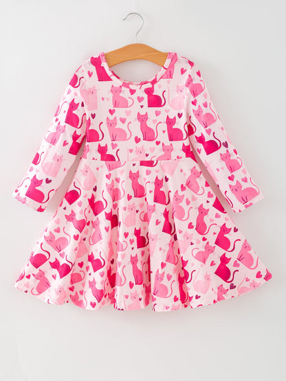 Valentine Toddler Girls Pink Cat Dress – Long Sleeve Heart Print Outfit