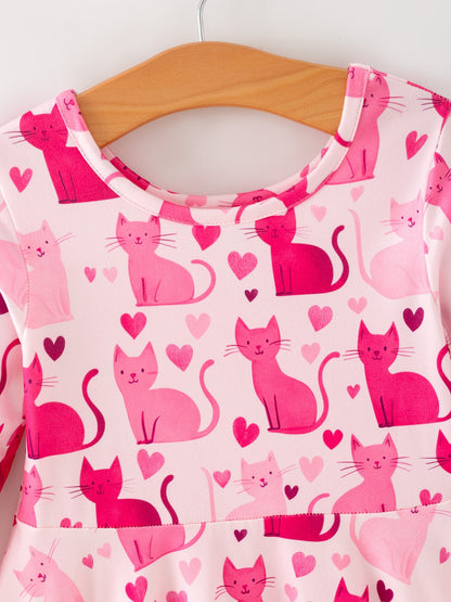 Valentine Toddler Girls Pink Cat Dress – Long Sleeve Heart Print Outfit