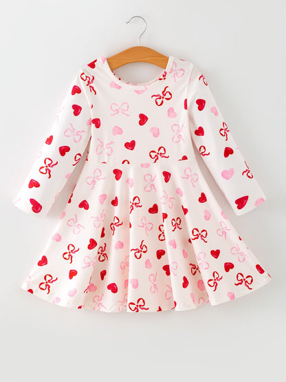 Toddler Girls Valentine Bow Heart Shape Print Dress