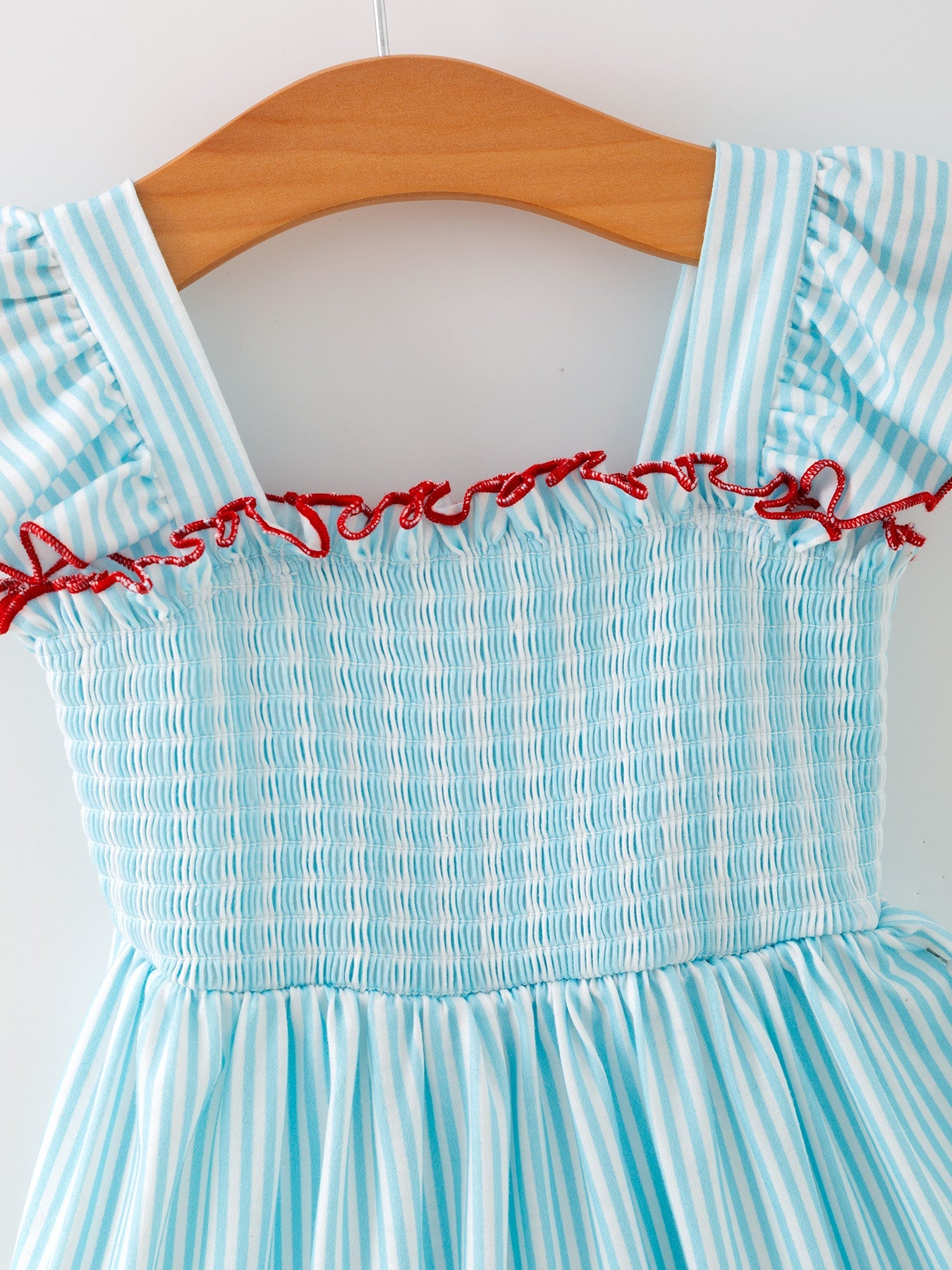 Girls Blue Striped Baseball Applique Smocked Dress Flutter Sleeves