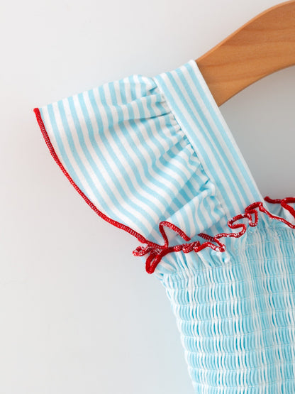 Girls Blue Striped Baseball Applique Smocked Dress Flutter Sleeves
