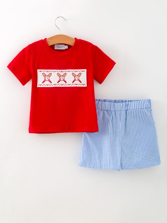 Toddler Boys Red Baseball Smocked Tee and Blue Plaid Shorts Set