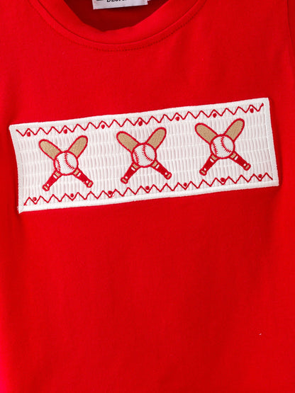 Toddler Boys Red Baseball Smocked Tee and Blue Plaid Shorts Set