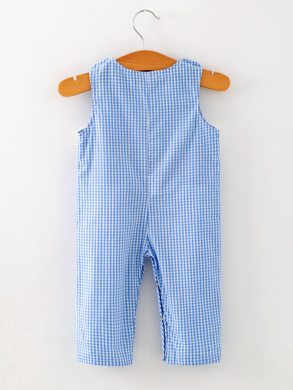 Baby Boy Baseball Smocked Romper – Blue Plaid Summer Outfit