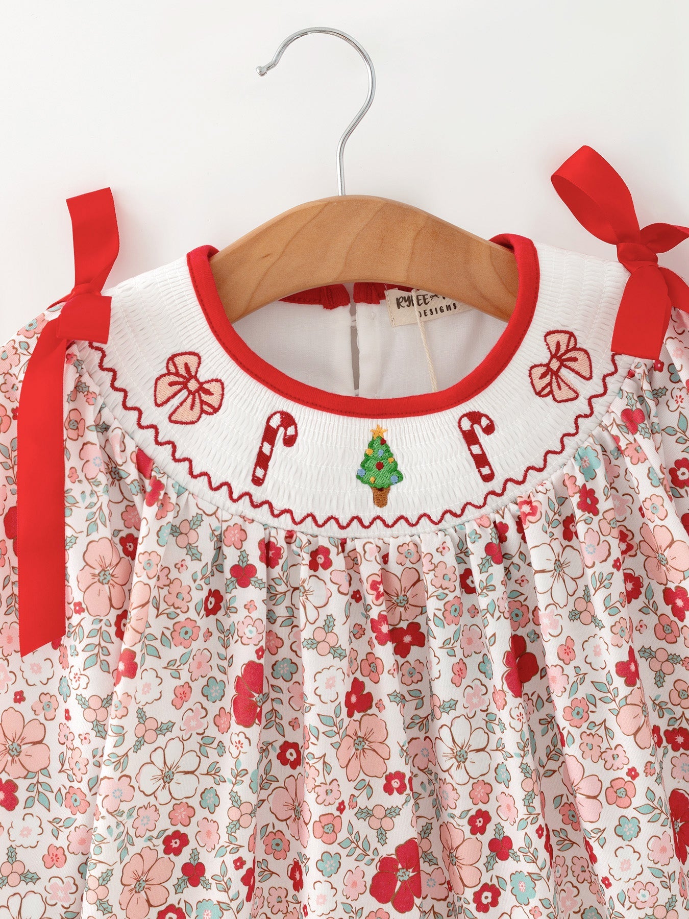 Christmas Red Floral Girls Dress Candy Cane Bow Embroidery Dress