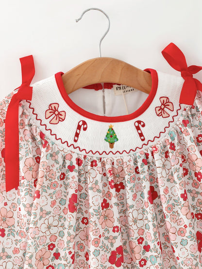 Christmas Red Floral Girls Dress Candy Cane Bow Embroidery Dress