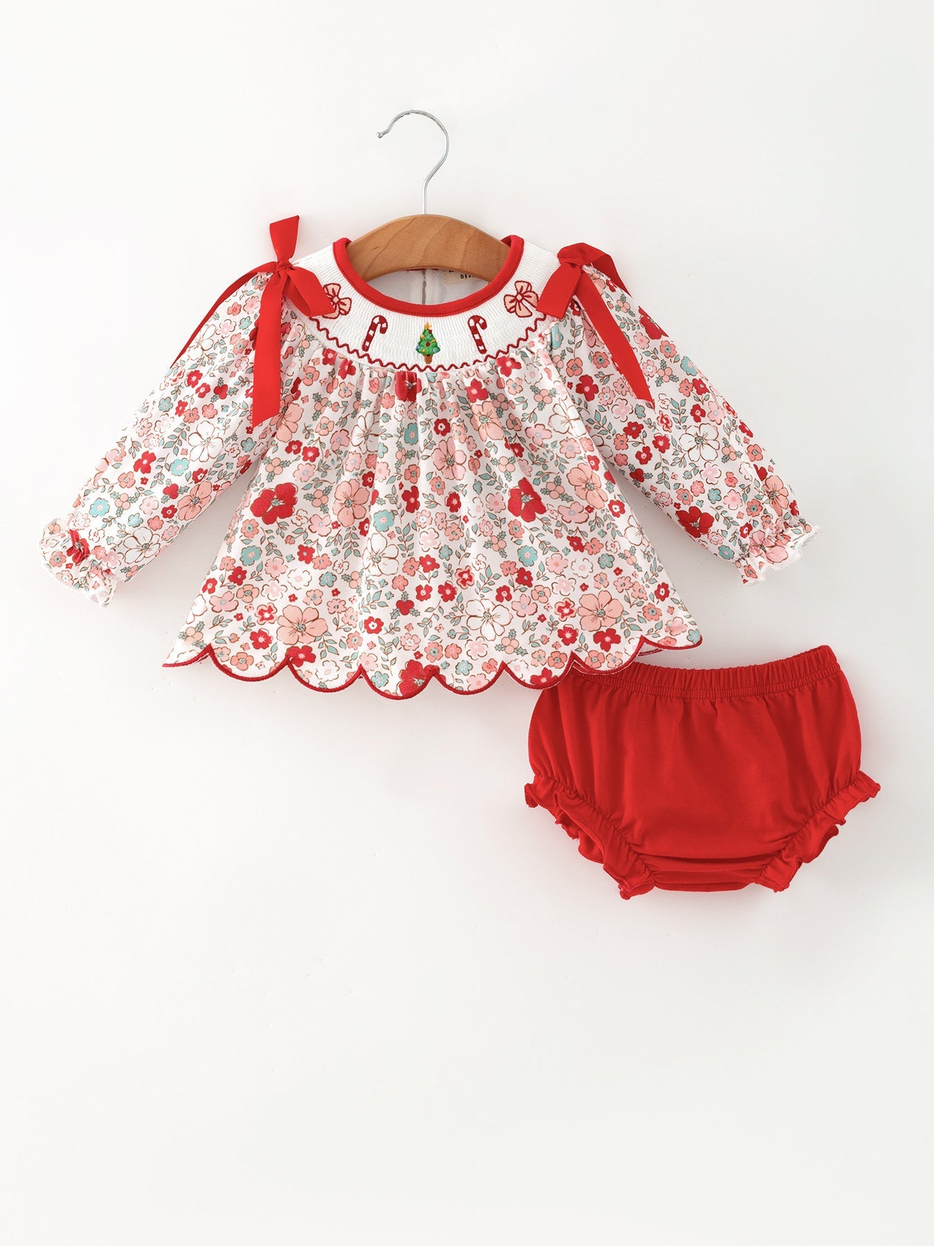 Christmas Red Floral Baby Girl Outfit Set Embroidery Bloomer Set