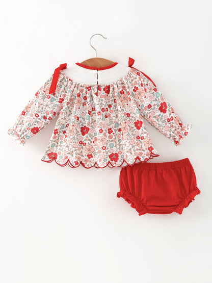 Christmas Red Floral Baby Girl Outfit Set Embroidery Bloomer Set