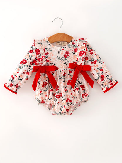 Fall Floral Baby Girl Romper Ruffle Bow Long Sleeve