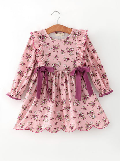 Fall Purple Rose Floral Girl Dress Bow Ruffle Long Sleeve Scalloped Hem