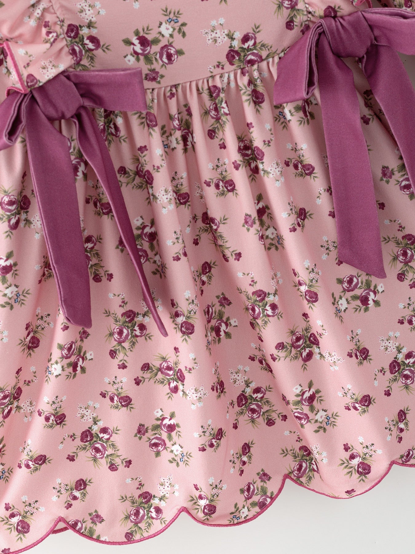 Fall Purple Rose Floral Girl Dress Bow Ruffle Long Sleeve Scalloped Hem