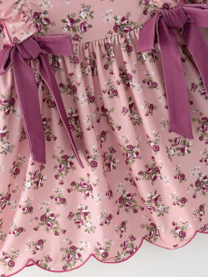 Fall Purple Rose Floral Girl Dress Bow Ruffle Long Sleeve Scalloped Hem