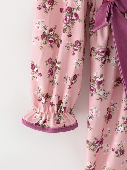 Fall Purple Rose Floral Girl Dress Bow Ruffle Long Sleeve Scalloped Hem