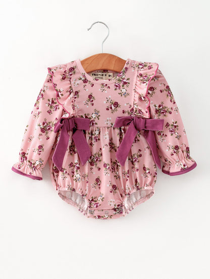 Fall Purple Floral Baby Girl Romper Bow Ruffle Long Sleeve