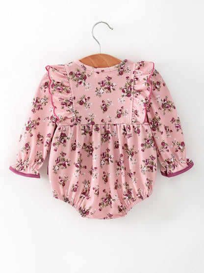 Fall Purple Floral Baby Girl Romper Bow Ruffle Long Sleeve