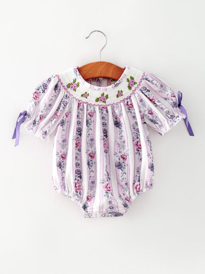 Fall Purple Floral Smocked Embroidered Baby Girl Romper