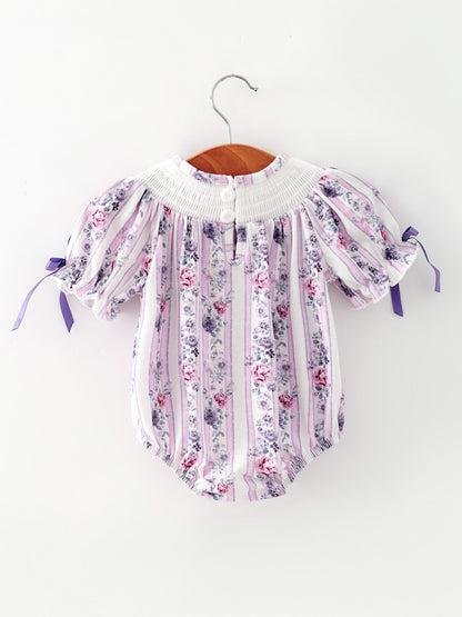 Fall Purple Floral Smocked Embroidered Baby Girl Romper
