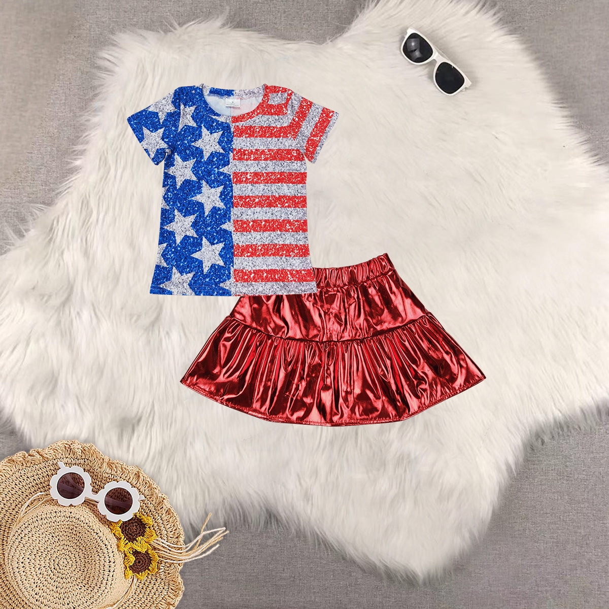 Sibling Baby Girls Short Sleeves Cow Stars Top Red Leather Skirts Western 4th Of July Sets