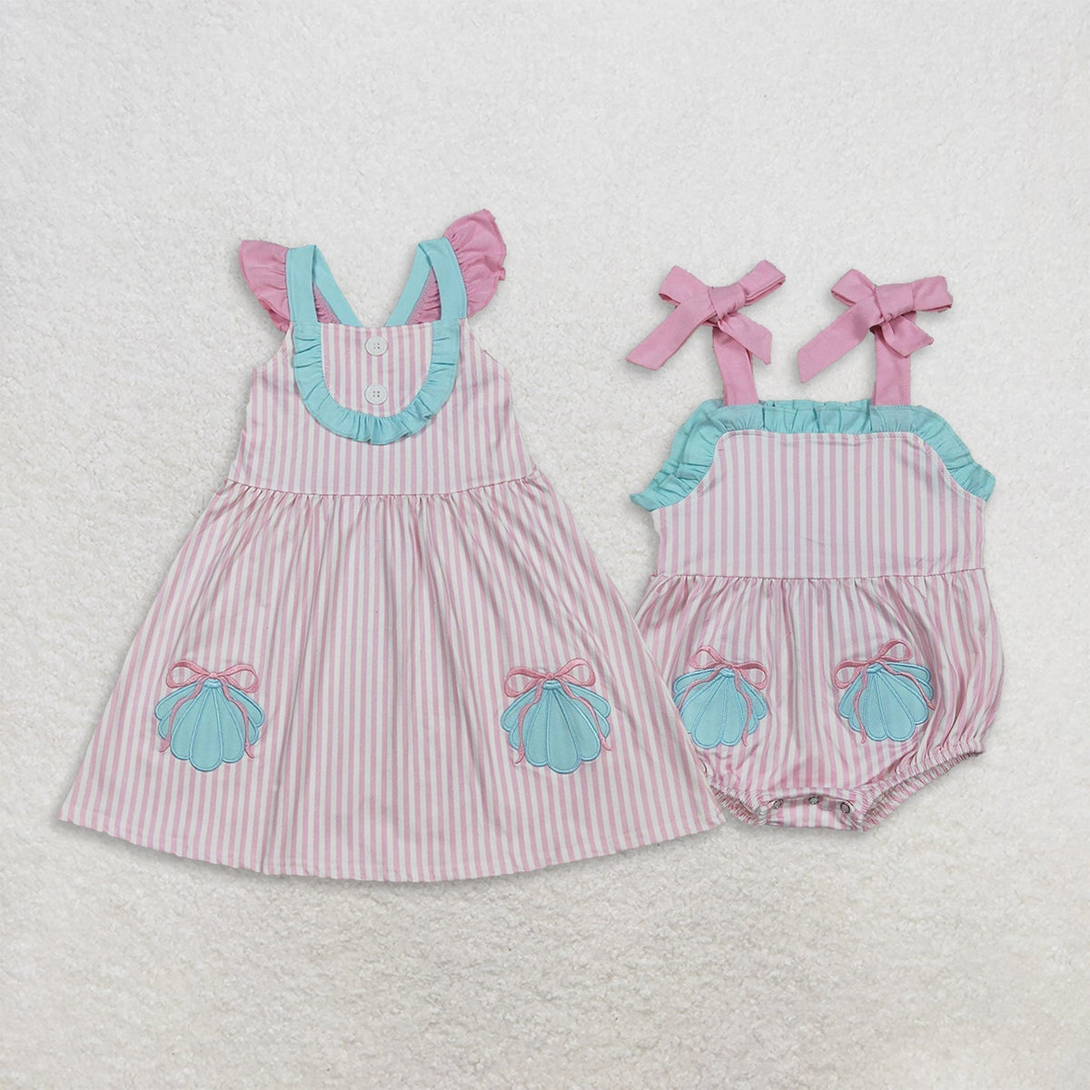 Sibling Baby Girls Pink Stripe Embroidery Bows Shells Strap Knee Length Dress Rompers