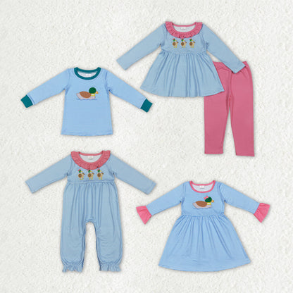 Sibling Baby Kids Embroidery Bow Ducks Stripes Tunic Tops Leggings Clothes Set Dress Rompers