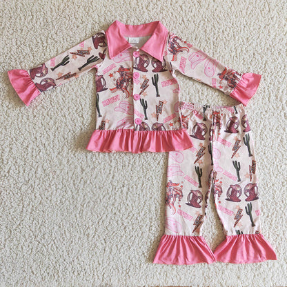 Sibling Baby Girls Western Horses Cows Print Leopard Button Top Ruffle Pants Pajamas Sets