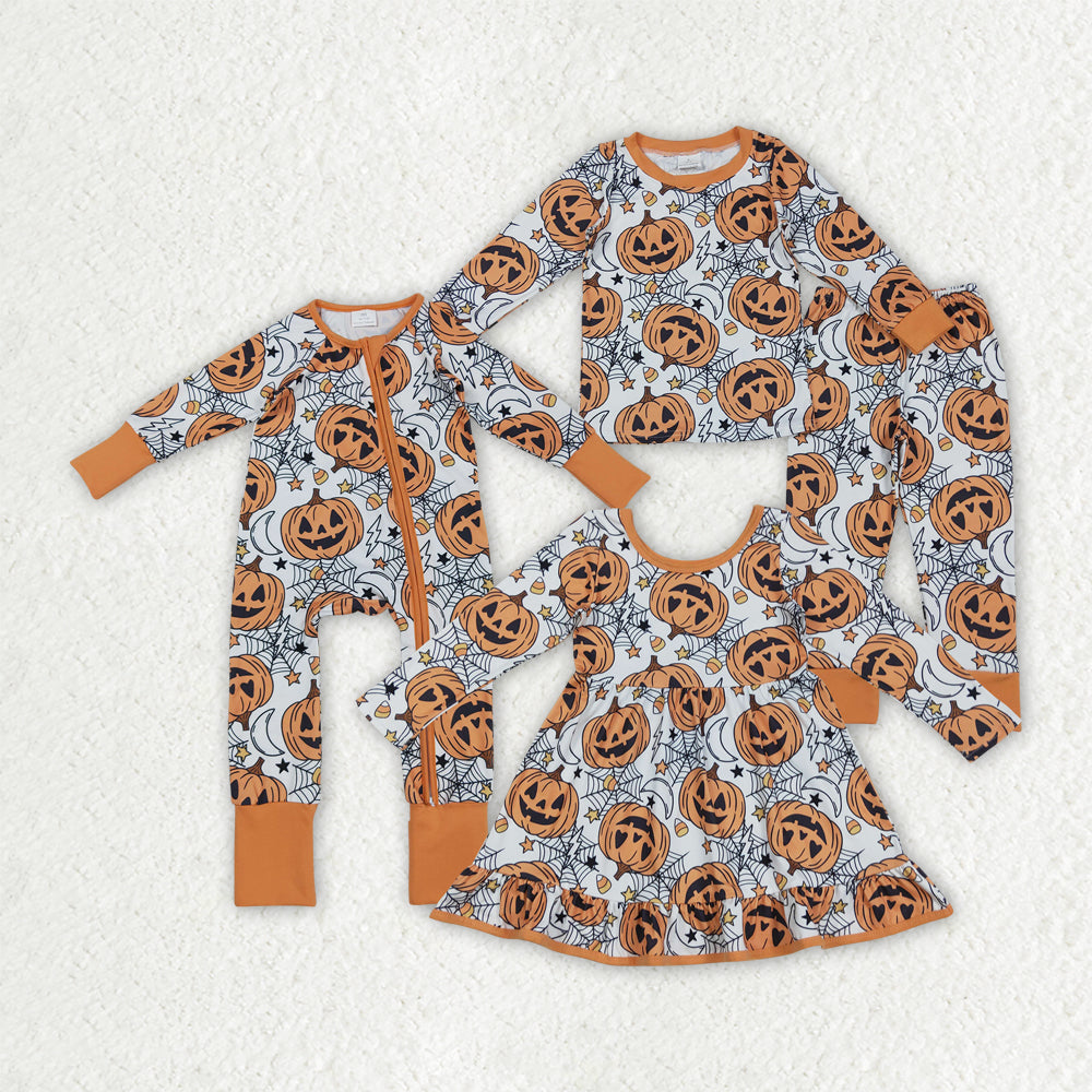 Sibling Baby Boys Girls Ghost Pumpkins Halloween Pajamas Sets Rompers Knee Length Dresses