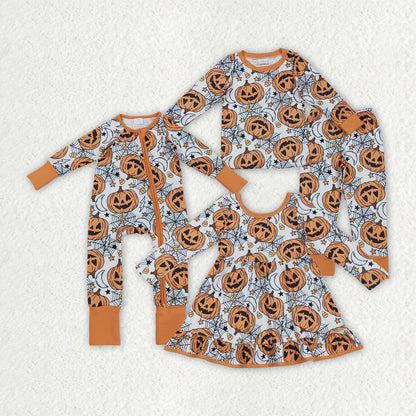 Sibling Baby Boys Girls Ghost Pumpkins Halloween Pajamas Sets Rompers Knee Length Dresses